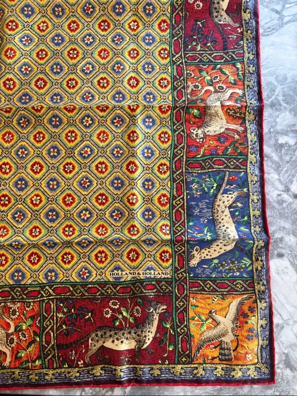 Vintage Holland & Holland Multicolor Wildlife Silk Scarf-Red,Blue, Yellow,Orange